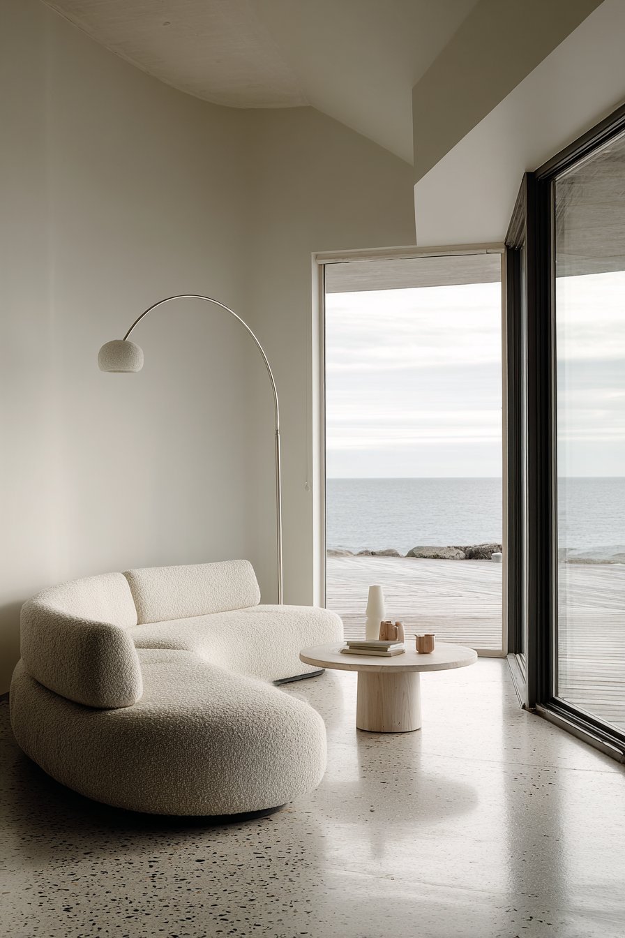 Curved cream bouclé sofa with round white-washed oak coffee table, arched brass lamp and terrazzo floor