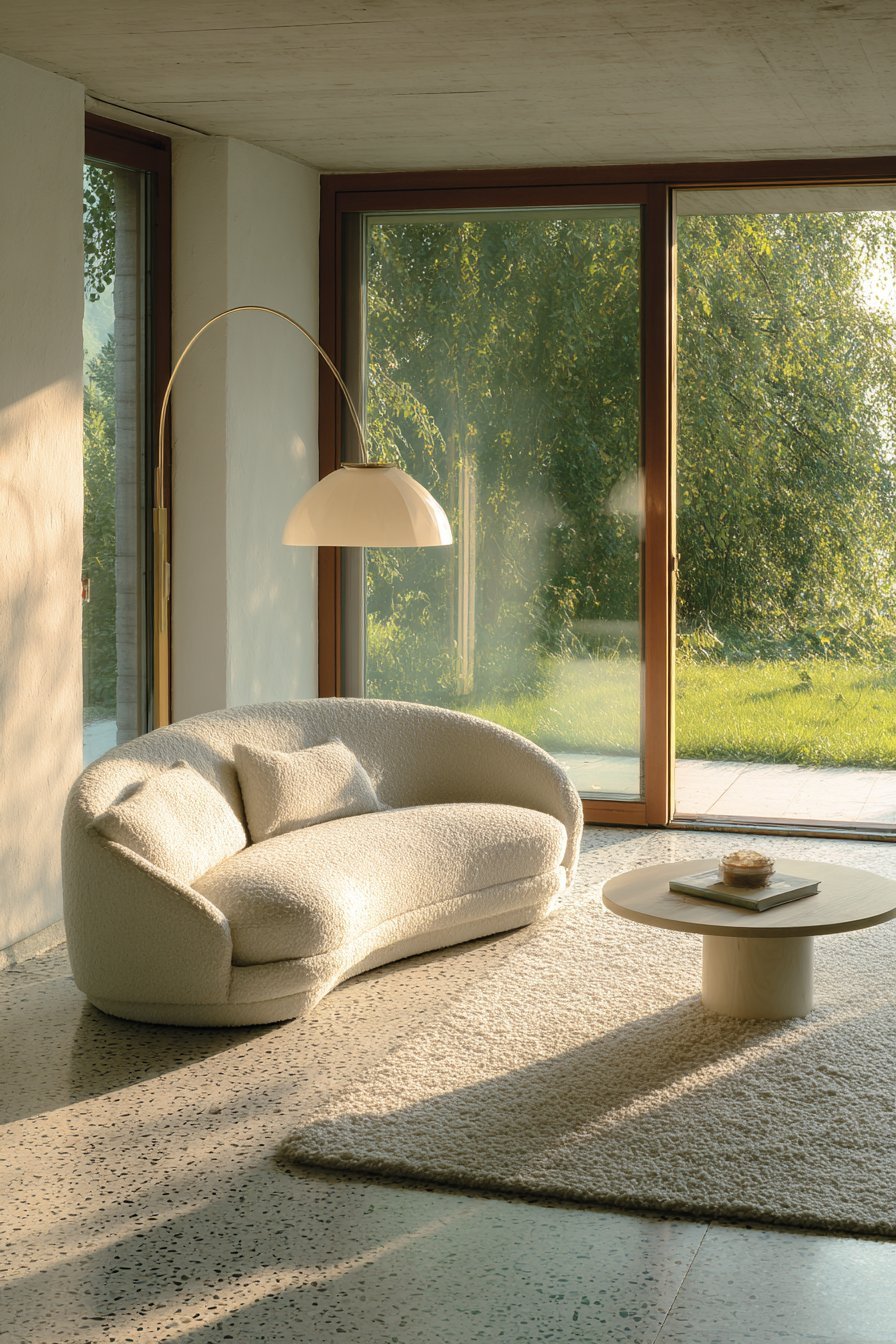 Curved cream bouclé sofa with round white-washed oak coffee table, arched brass lamp and terrazzo floor