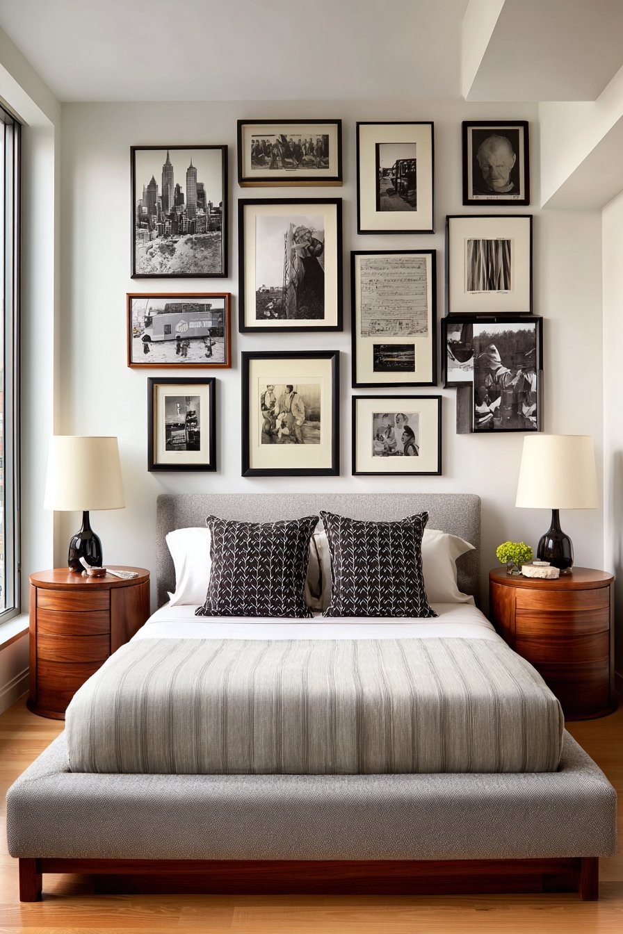 Black-framed gallery wall above a warm grey bed with round walnut nightstands and matching lamps