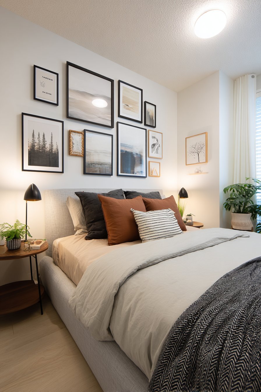Black-framed gallery wall above a warm grey bed with round walnut nightstands and matching lamps