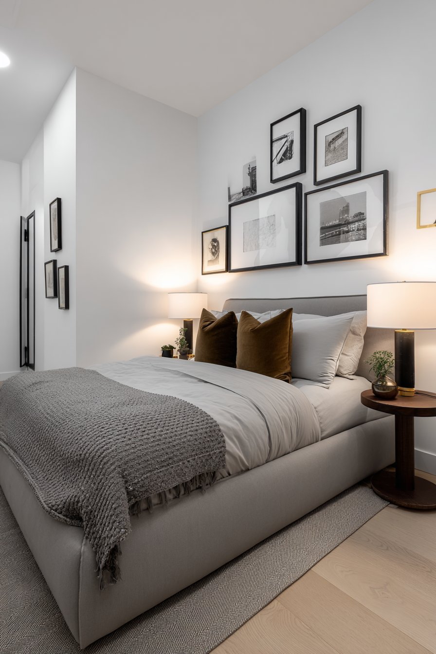 Black-framed gallery wall above a warm grey bed with round walnut nightstands and matching lamps