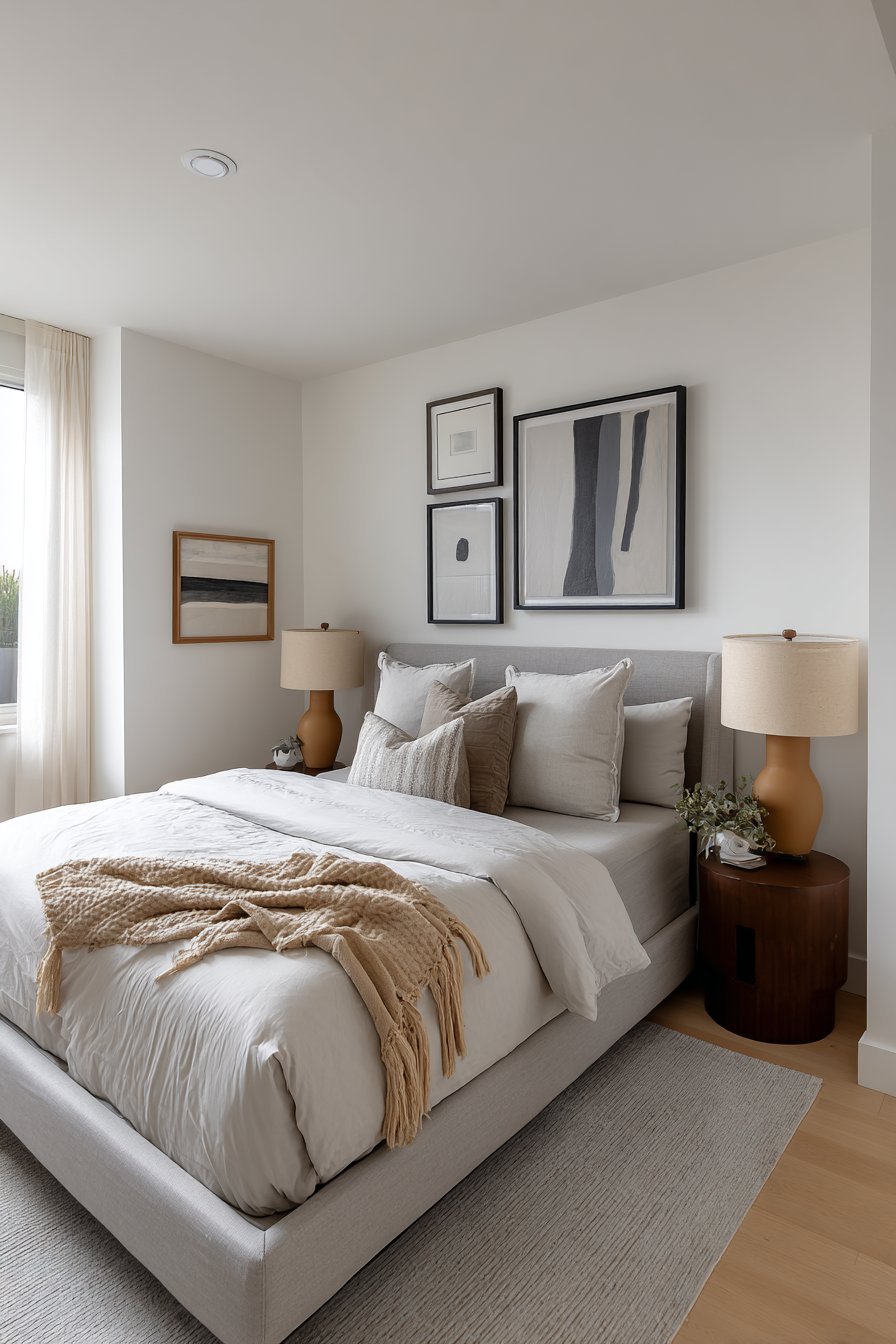 Black-framed gallery wall above a warm grey bed with round walnut nightstands and matching lamps