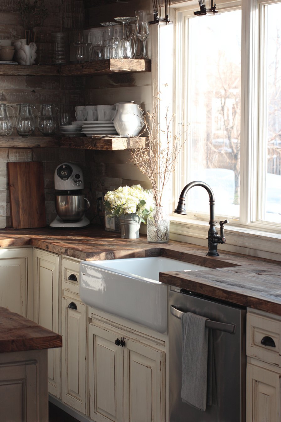 Farmhouse kitchen with apron-front fireclay sink, distressed white cabinets and reclaimed wood shelves