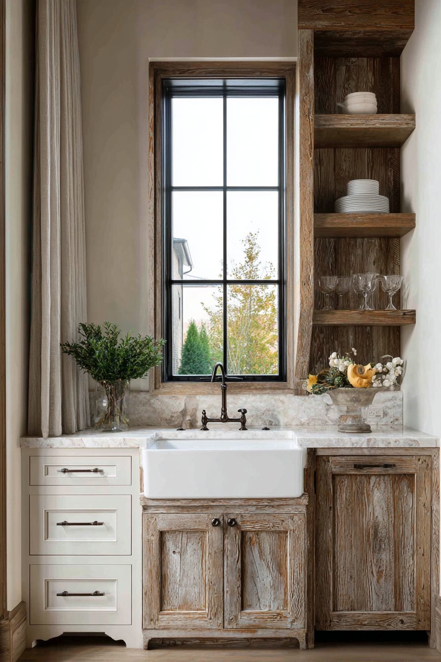 Farmhouse kitchen with apron-front fireclay sink, distressed white cabinets and reclaimed wood shelves