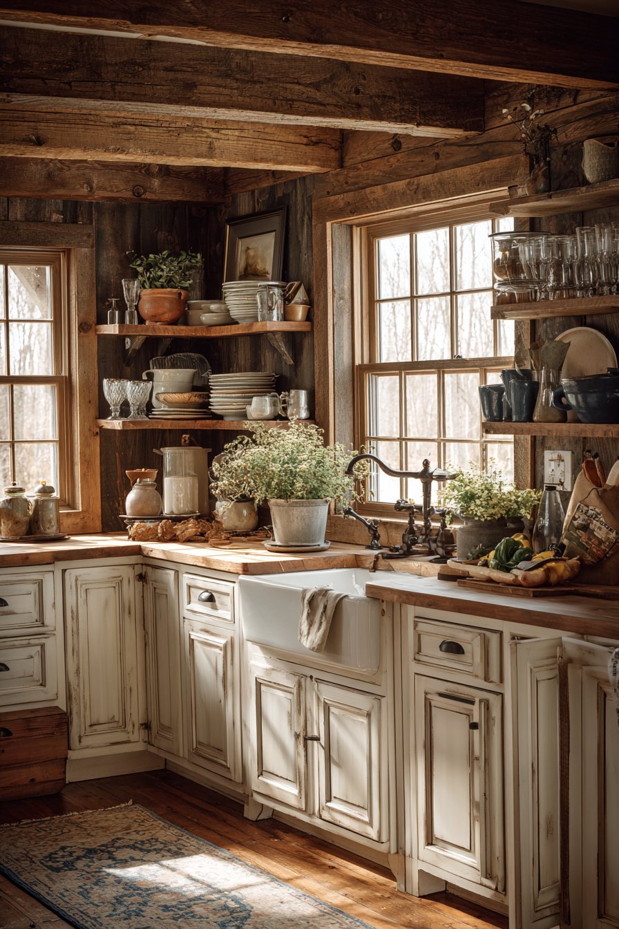 Farmhouse kitchen with apron-front fireclay sink, distressed white cabinets and reclaimed wood shelves