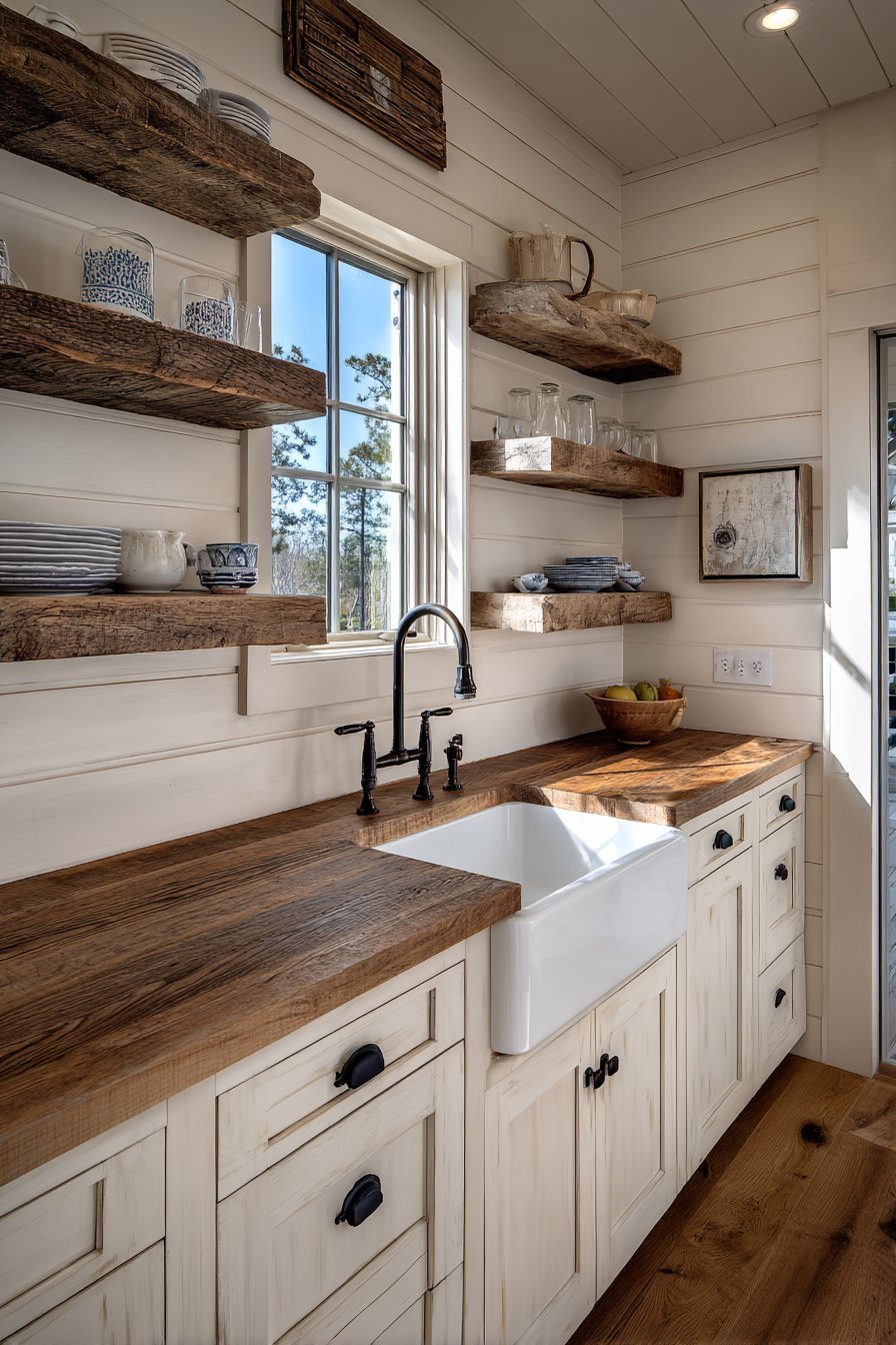 Farmhouse kitchen with apron-front fireclay sink, distressed white cabinets and reclaimed wood shelves