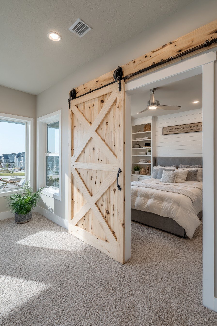 Pine X-brace sliding barn door with white cross pattern on black track beside a white shiplap wall