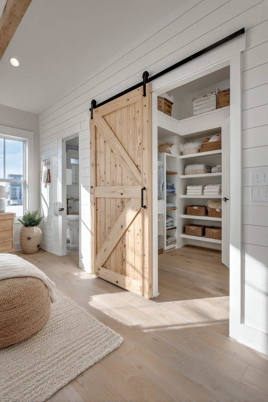 Pine X-brace sliding barn door with white cross pattern on black track beside a white shiplap wall