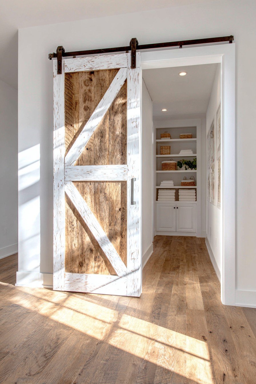 Pine X-brace sliding barn door with white cross pattern on black track beside a white shiplap wall