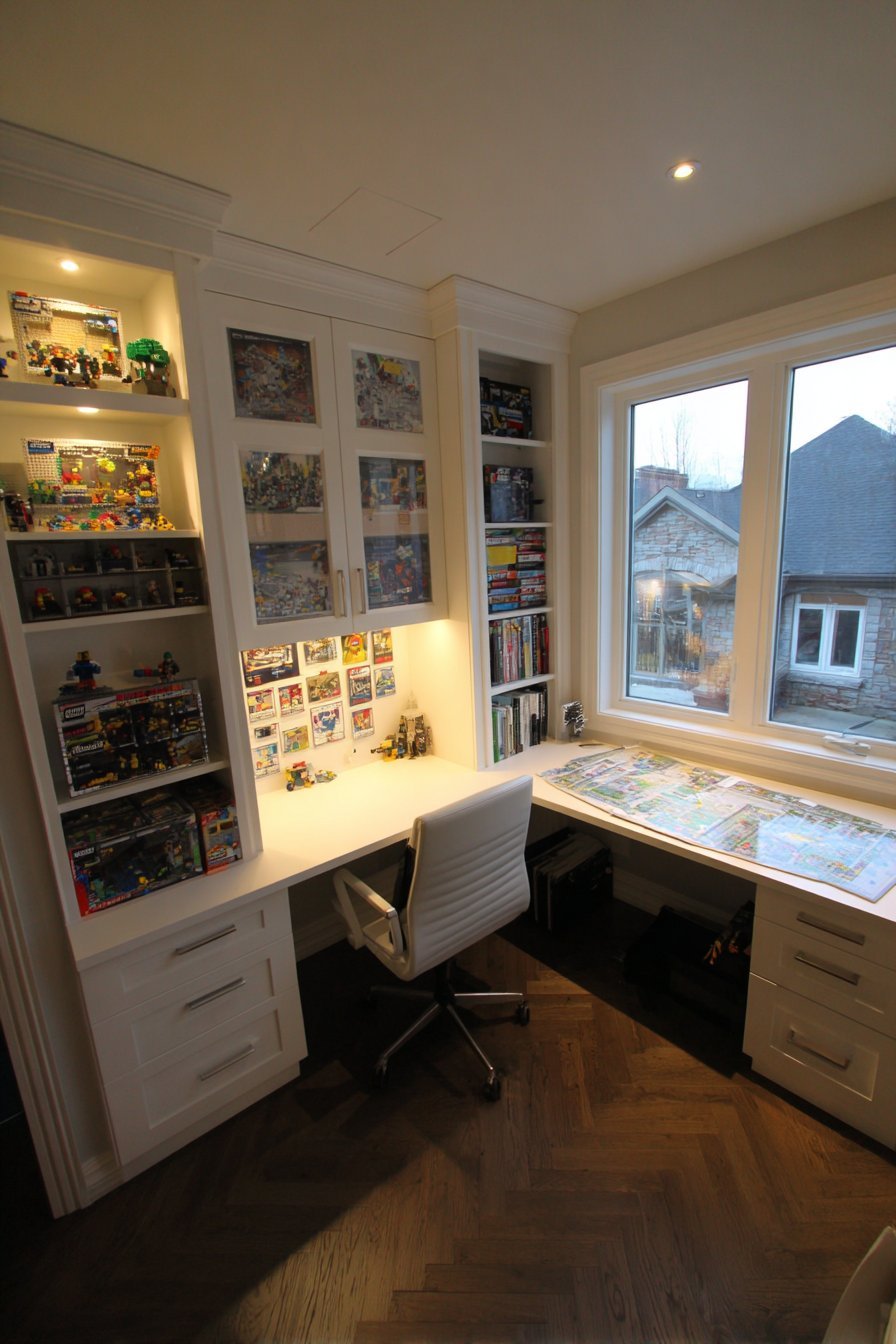 White teen desk with hutch, magnetic instruction strip, open display shelves, closed cabinets and corkboard