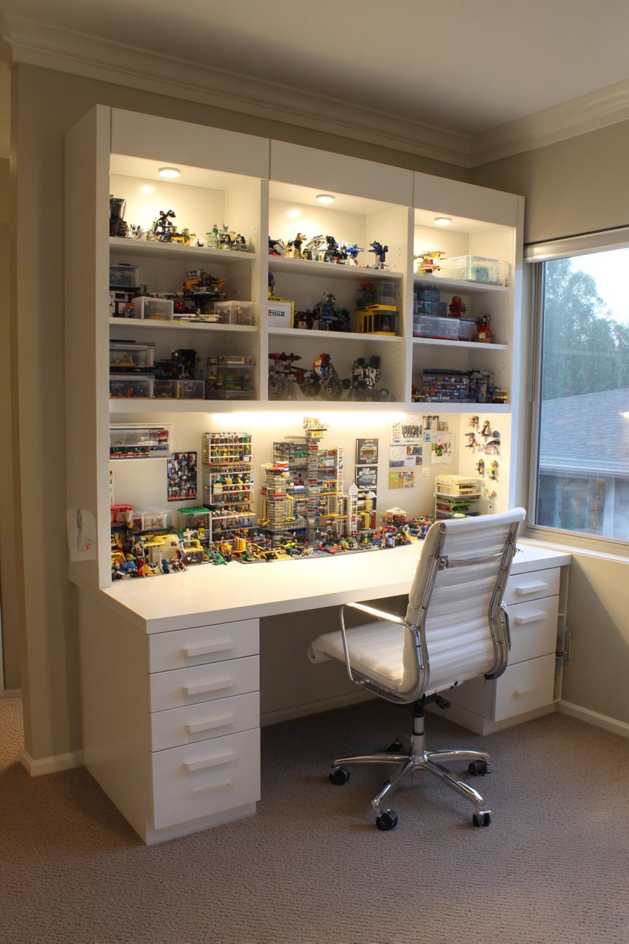 White teen desk with hutch, magnetic instruction strip, open display shelves, closed cabinets and corkboard