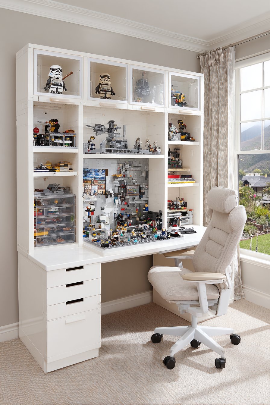 White teen desk with hutch, magnetic instruction strip, open display shelves, closed cabinets and corkboard