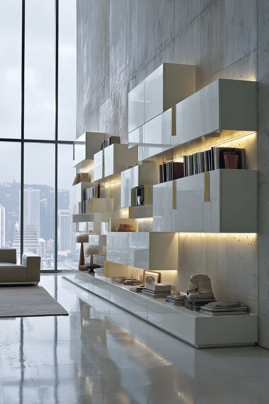 Wall-mounted white and warm grey lacquer storage system with handles, drawers and LED edge lighting