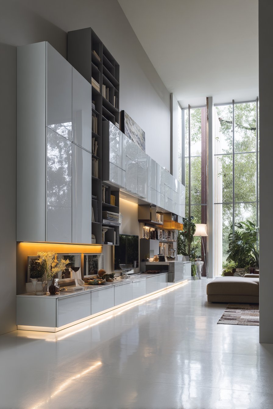 Wall-mounted white and warm grey lacquer storage system with handles, drawers and LED edge lighting
