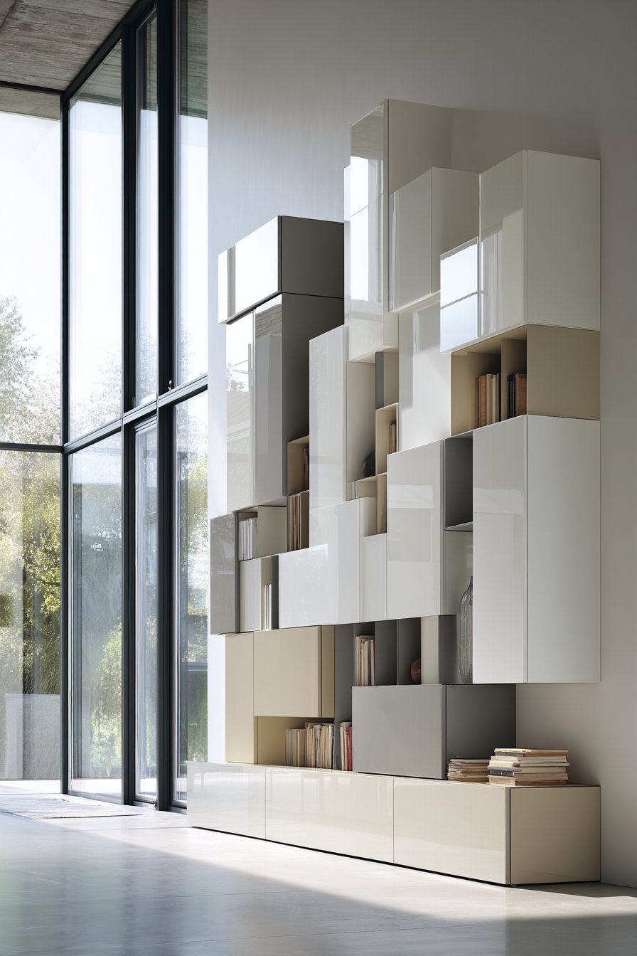 Wall-mounted white and warm grey lacquer storage system with handles, drawers and LED edge lighting