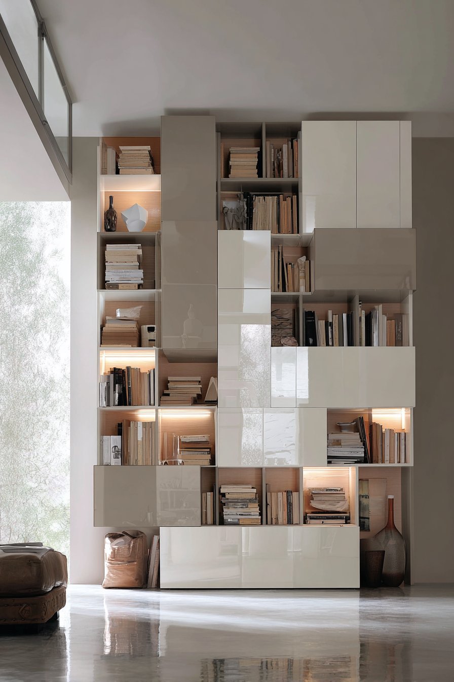 Wall-mounted white and warm grey lacquer storage system with handles, drawers and LED edge lighting