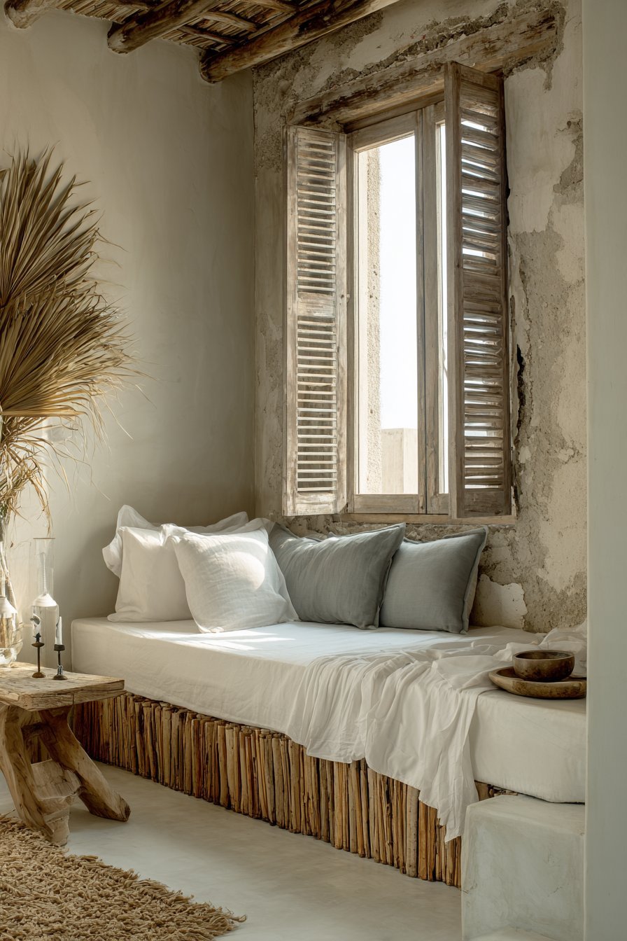 Meditation bedroom with mattress on bamboo slat platform, wooden bench with singing bowl and clay plaster walls