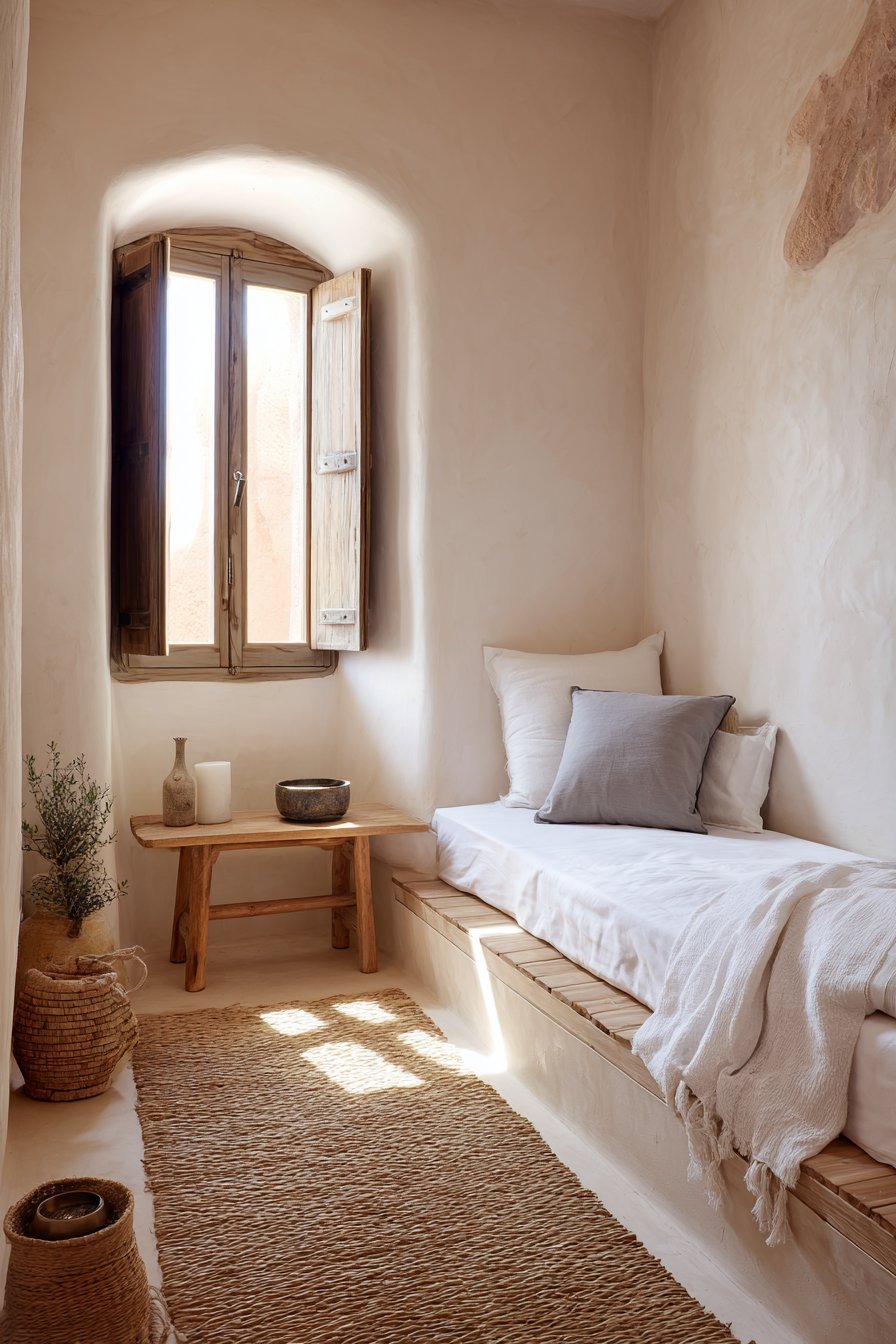 Meditation bedroom with mattress on bamboo slat platform, wooden bench with singing bowl and clay plaster walls