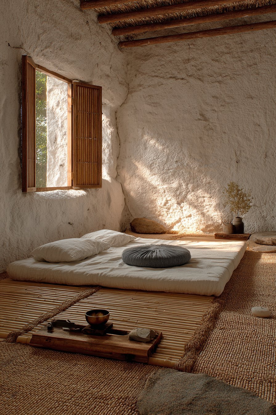 Meditation bedroom with mattress on bamboo slat platform, wooden bench with singing bowl and clay plaster walls
