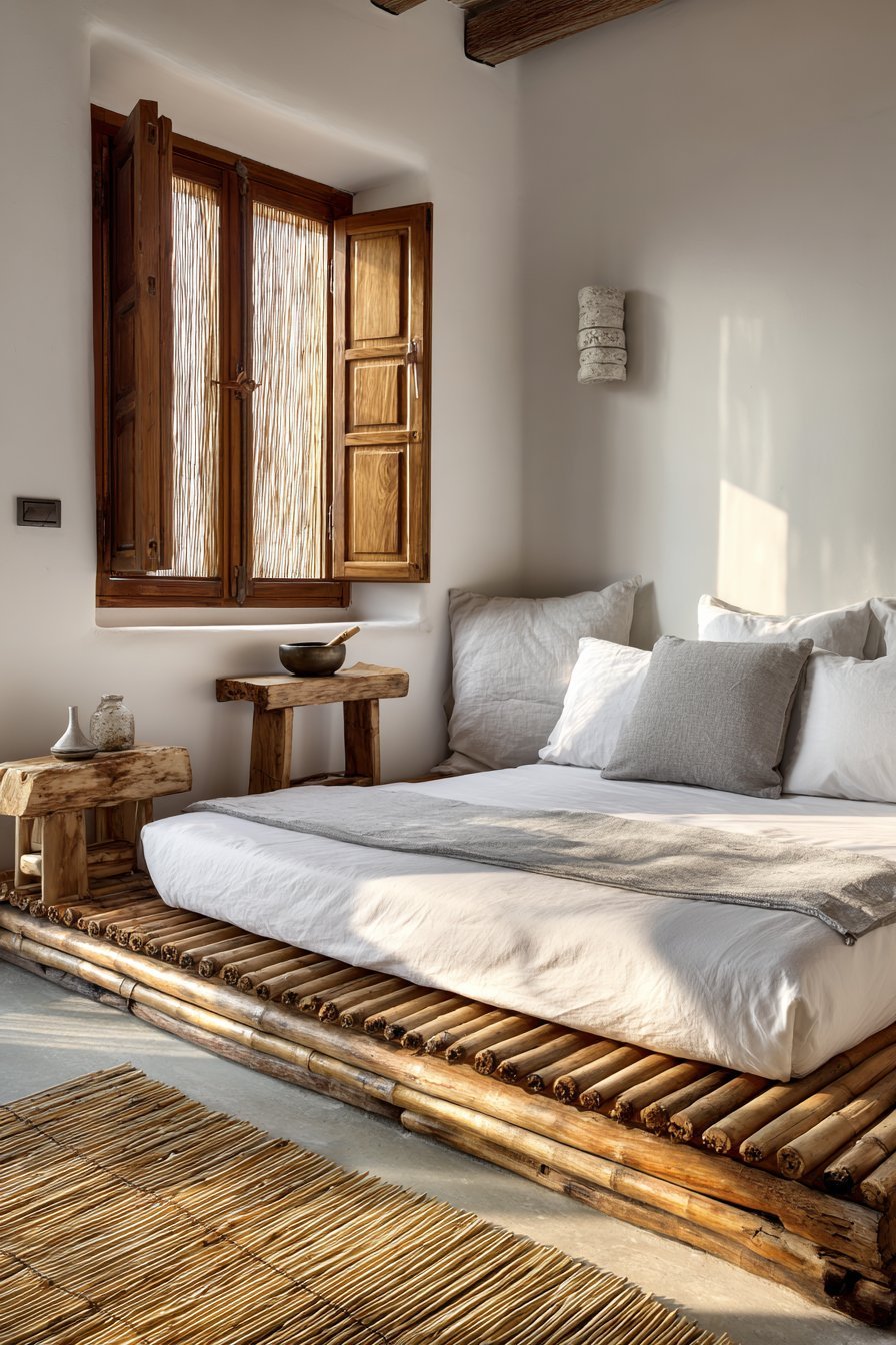 Meditation bedroom with mattress on bamboo slat platform, wooden bench with singing bowl and clay plaster walls