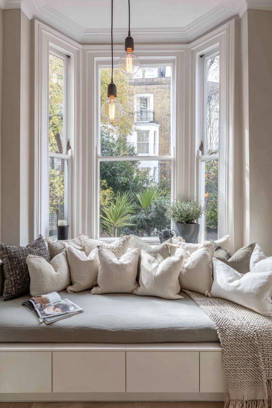 Bay window seat with built-in drawers, grey linen cushion, mixed throw pillows and exposed bulb pendant