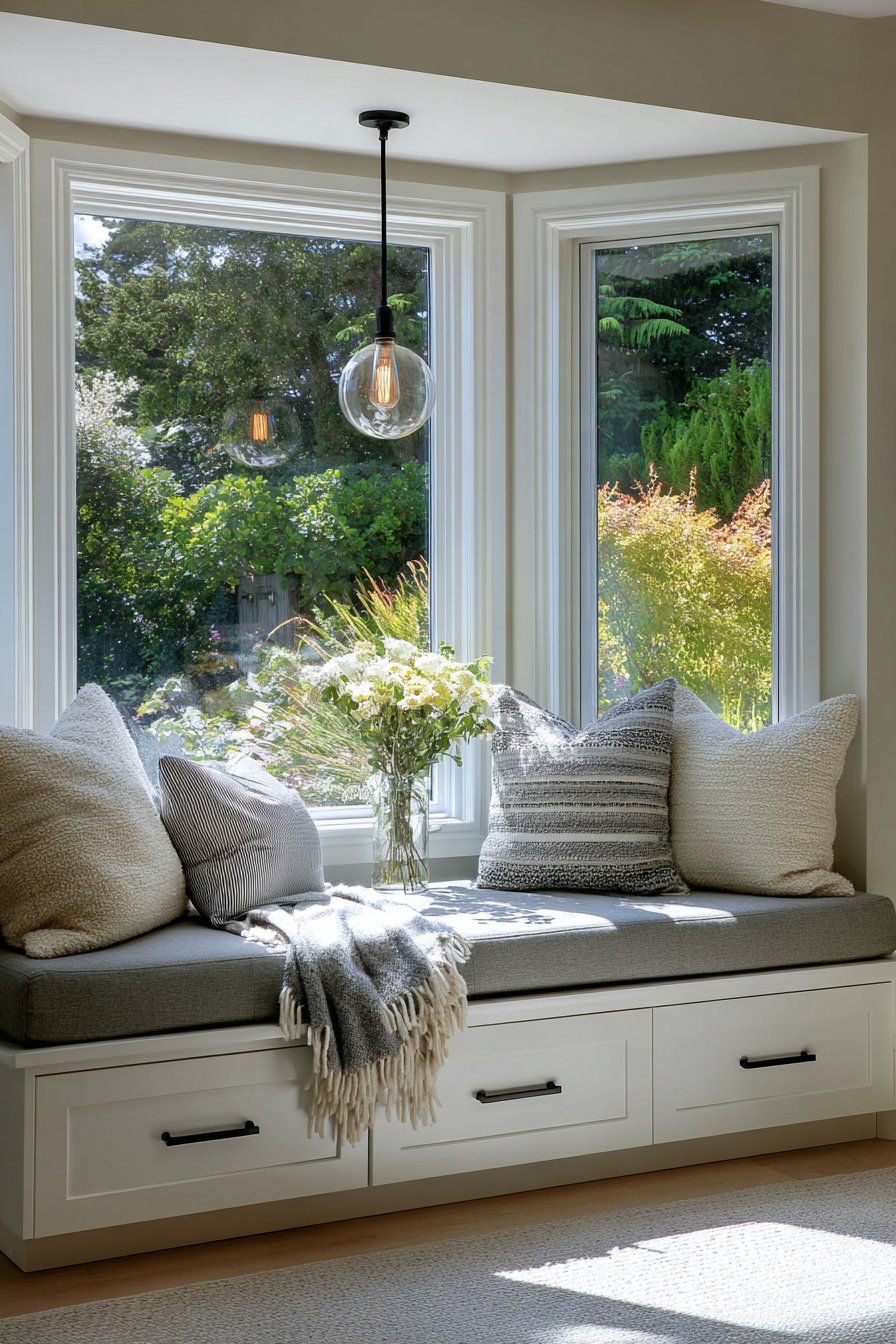 Bay window seat with built-in drawers, grey linen cushion, mixed throw pillows and exposed bulb pendant
