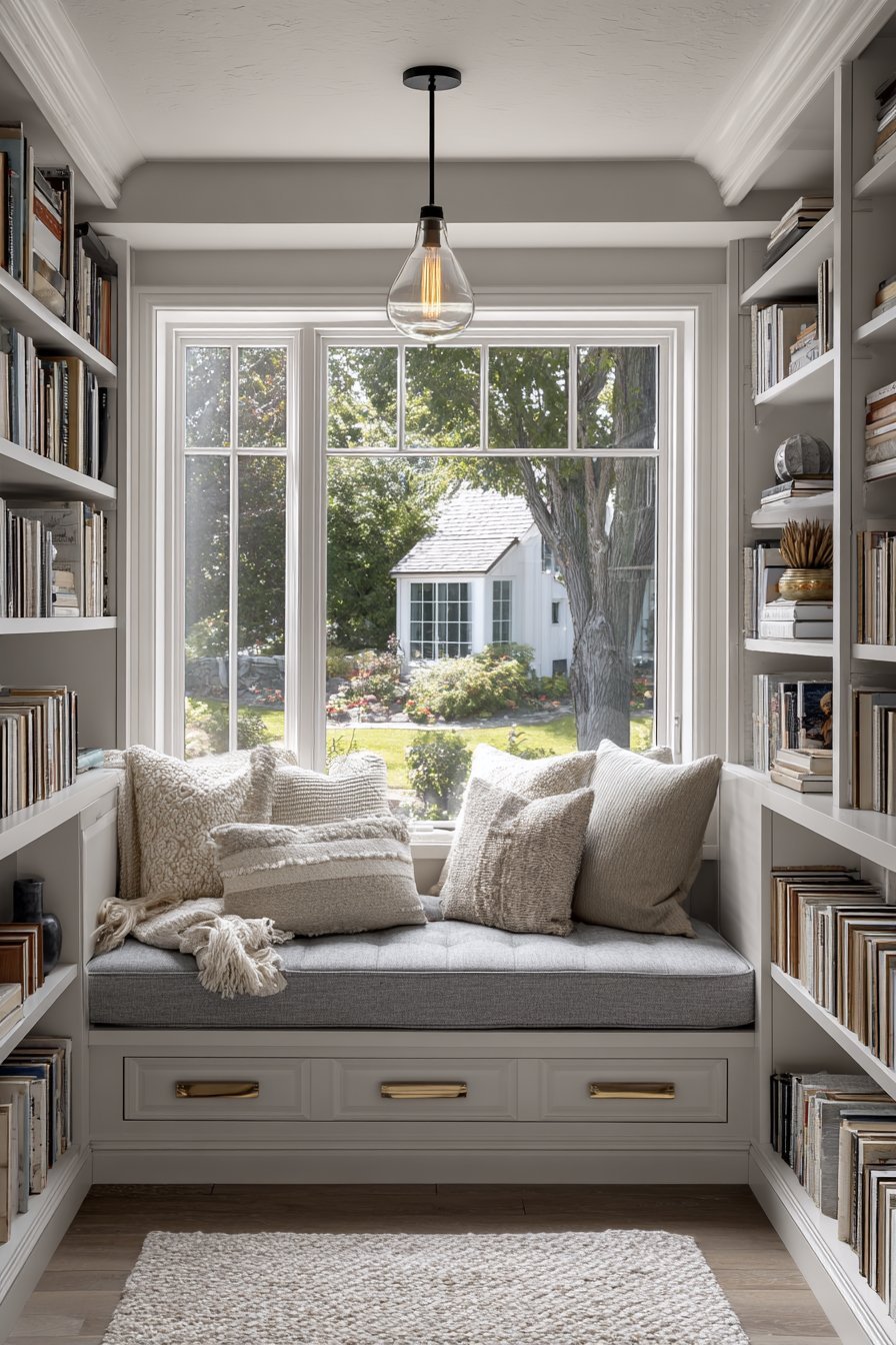Bay window seat with built-in drawers, grey linen cushion, mixed throw pillows and exposed bulb pendant