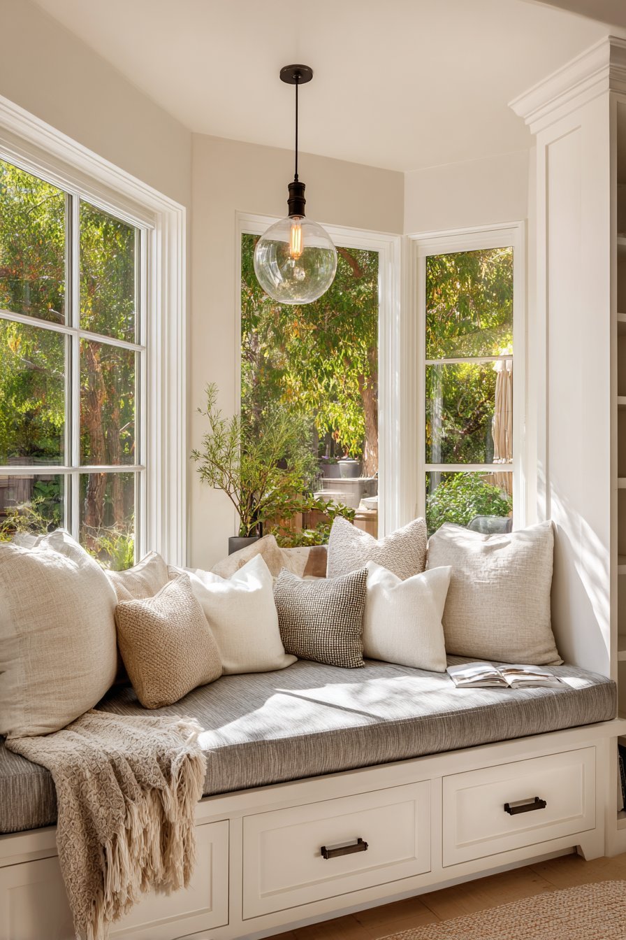 Bay window seat with built-in drawers, grey linen cushion, mixed throw pillows and exposed bulb pendant