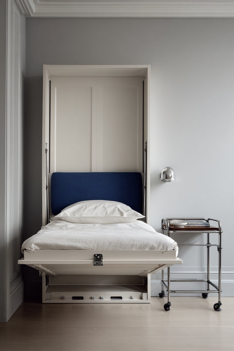 White fold-down wall desk with storage cubbies, navy headboard and rolling cart nightstand