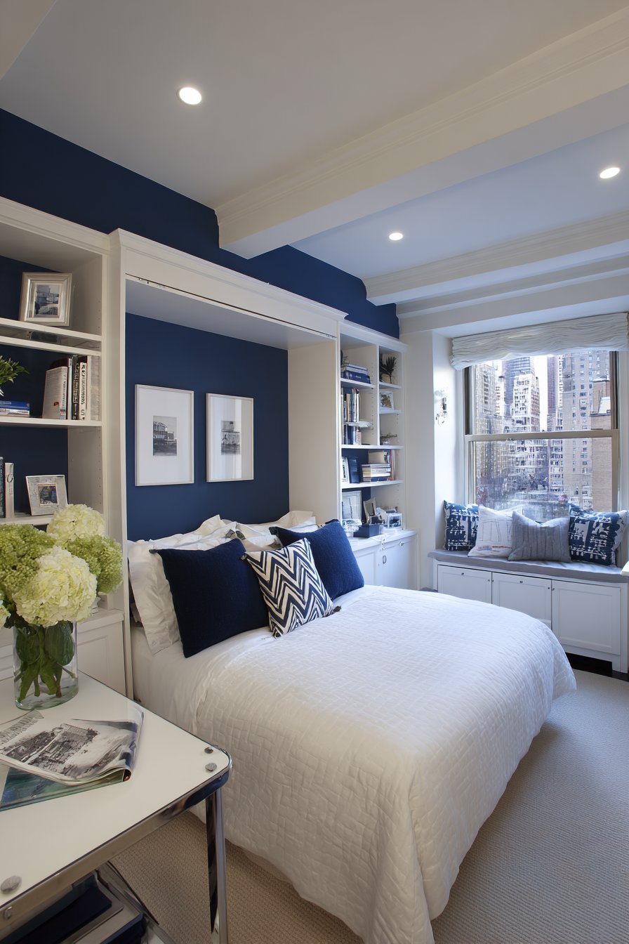 White fold-down wall desk with storage cubbies, navy headboard and rolling cart nightstand
