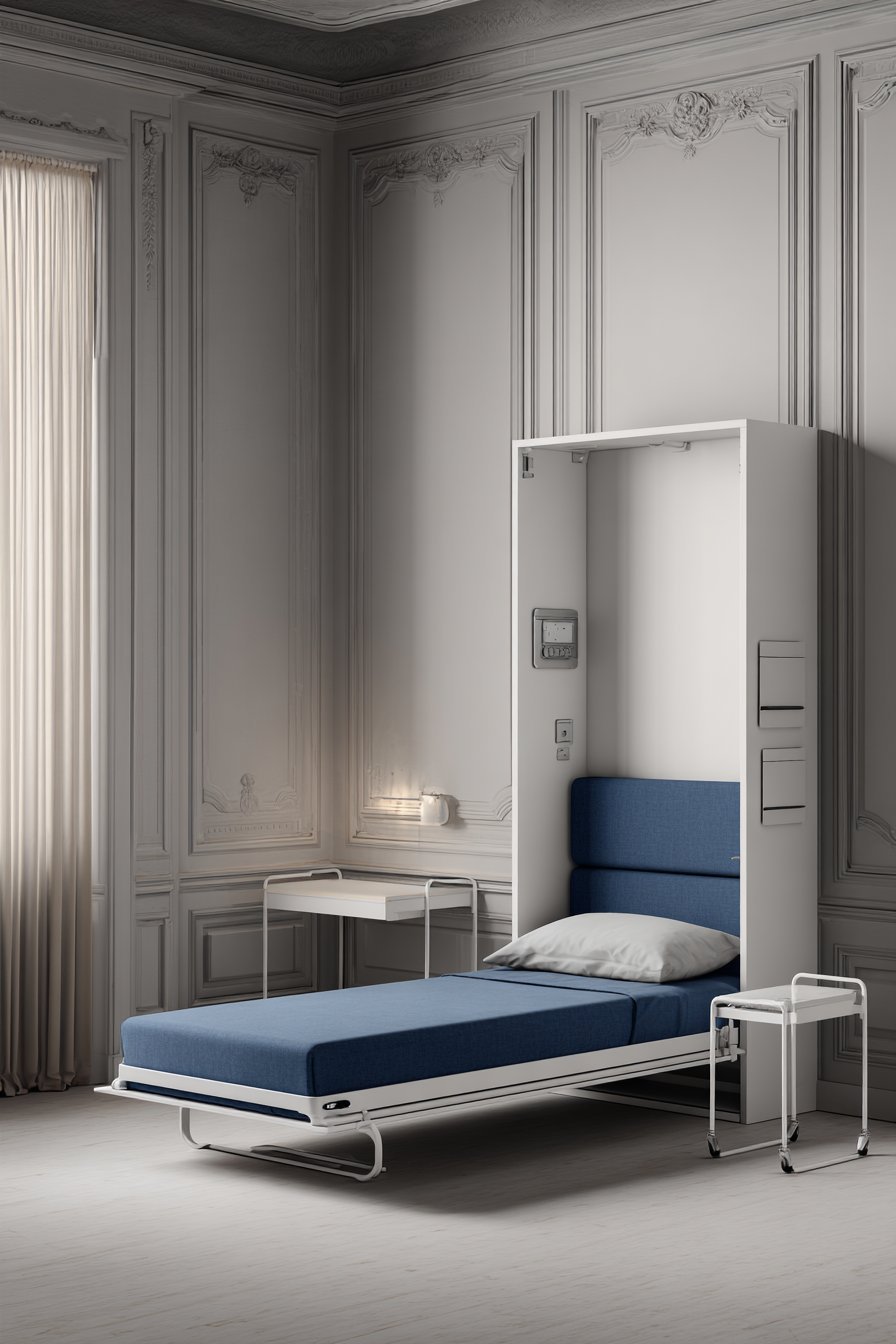 White fold-down wall desk with storage cubbies, navy headboard and rolling cart nightstand