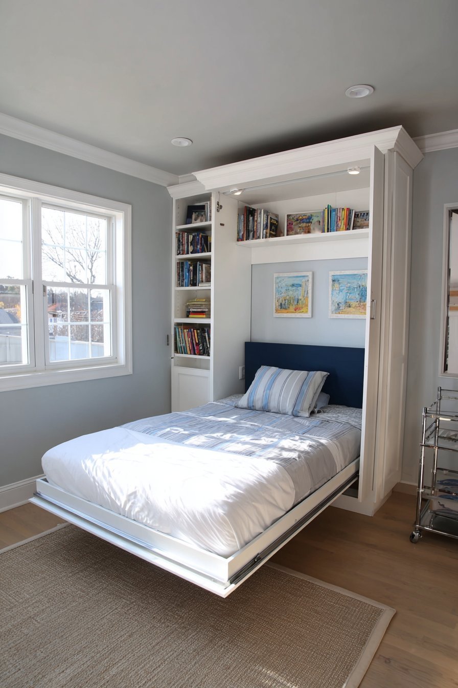 White fold-down wall desk with storage cubbies, navy headboard and rolling cart nightstand