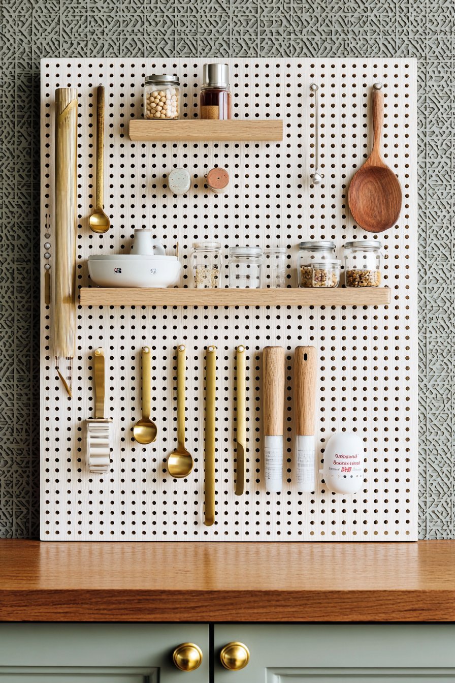 Pegboard inside a sage green cabinet door holding measuring cups and spoons beside oak floating shelves