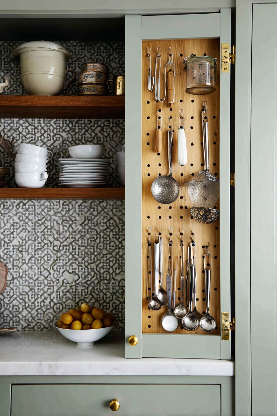 Pegboard inside a sage green cabinet door holding measuring cups and spoons beside oak floating shelves