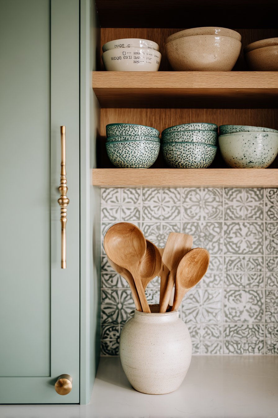 Pegboard inside a sage green cabinet door holding measuring cups and spoons beside oak floating shelves
