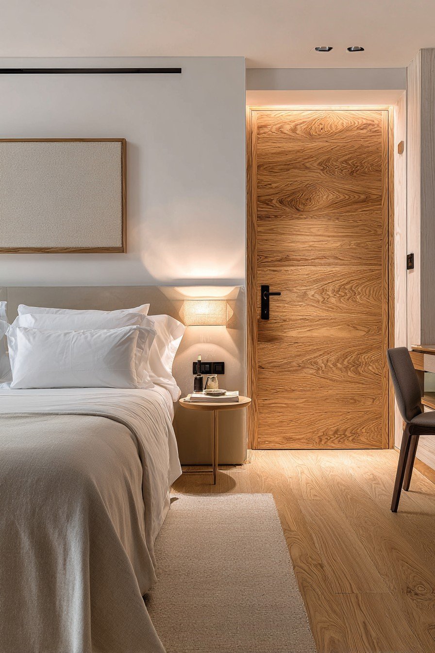 Solid teak bedroom door with natural oil finish, steel cylindrical handle, white walls and teak flooring