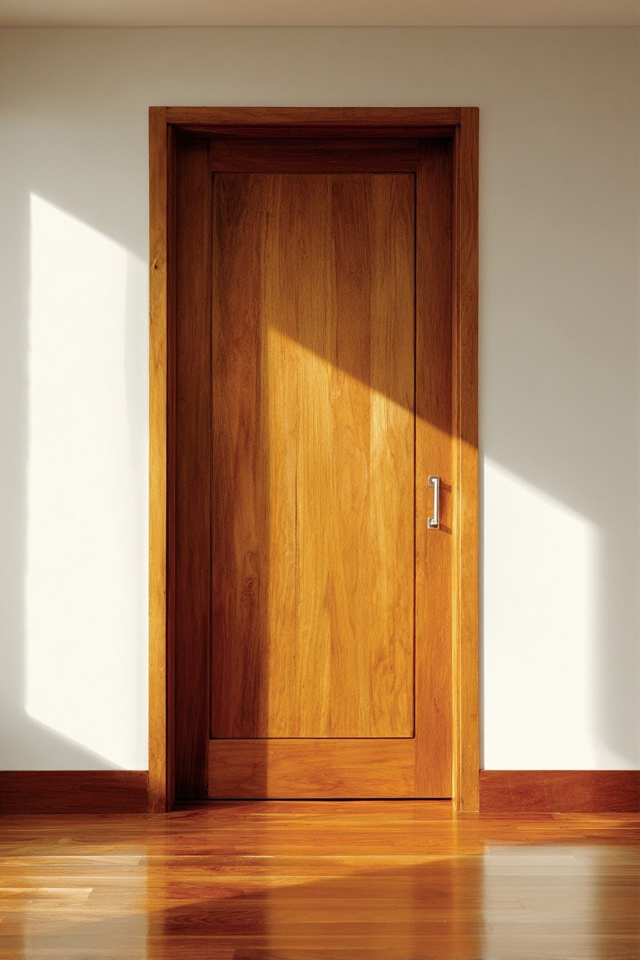 Solid teak bedroom door with natural oil finish, steel cylindrical handle, white walls and teak flooring