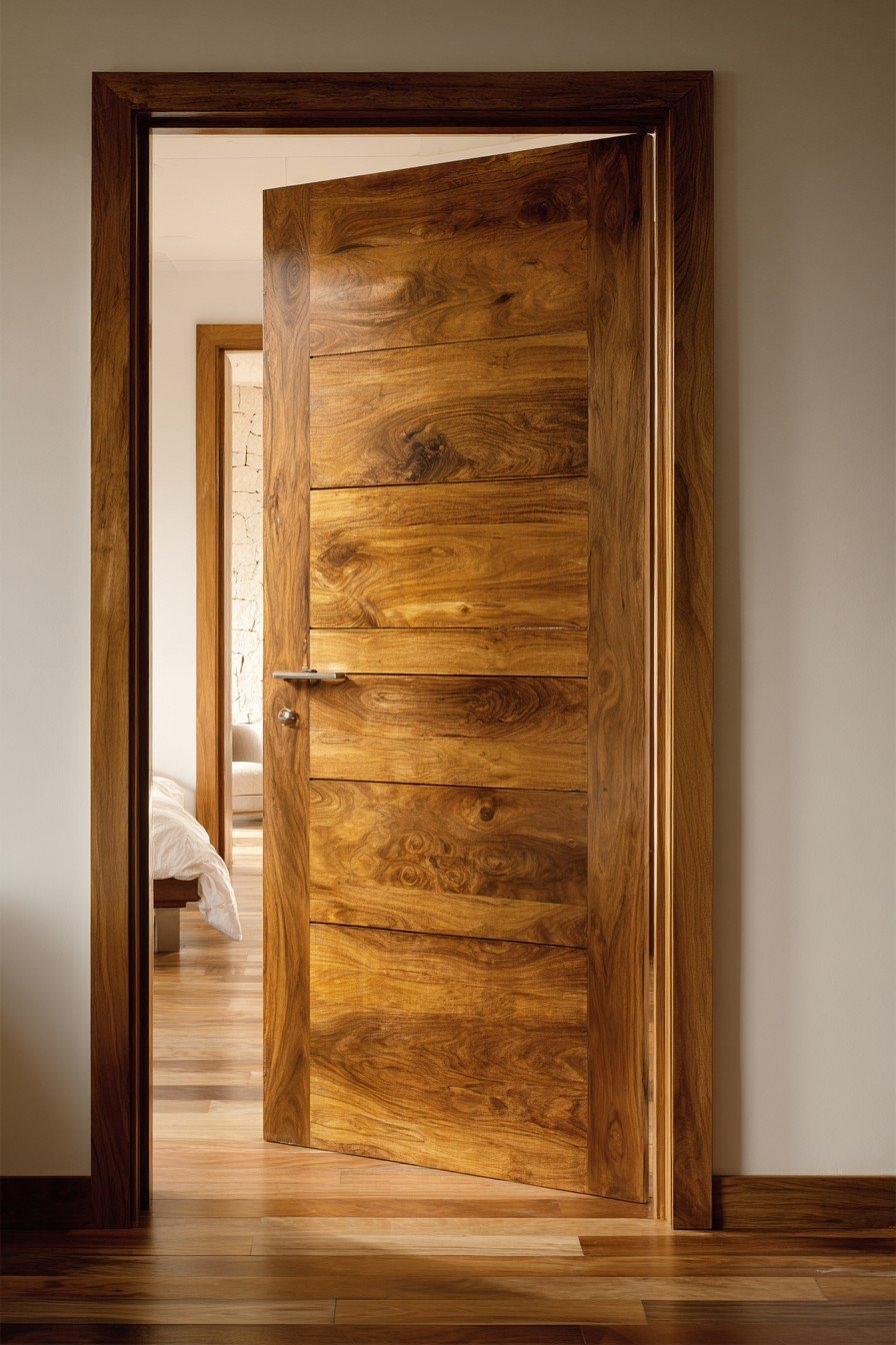 Solid teak bedroom door with natural oil finish, steel cylindrical handle, white walls and teak flooring