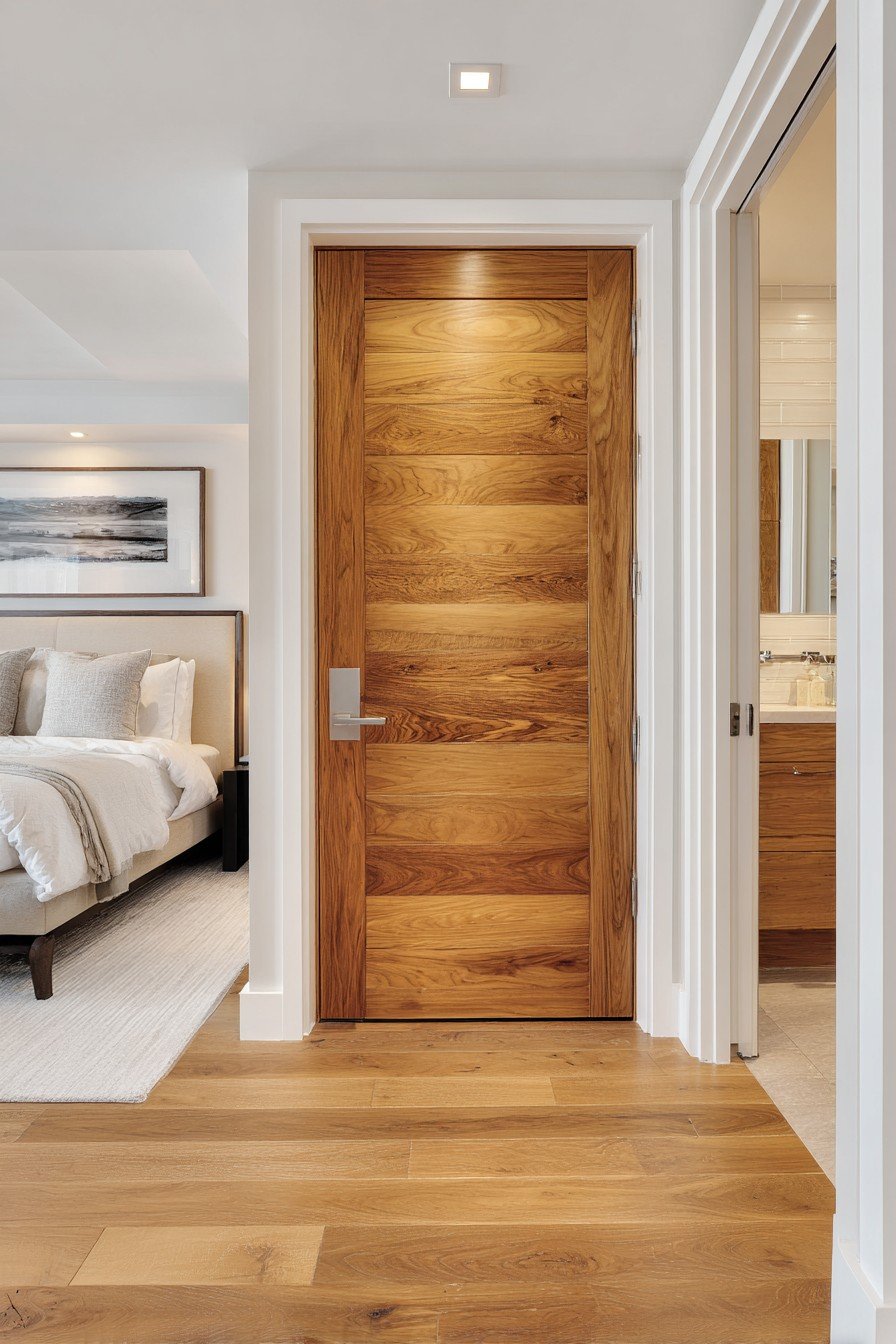 Solid teak bedroom door with natural oil finish, steel cylindrical handle, white walls and teak flooring