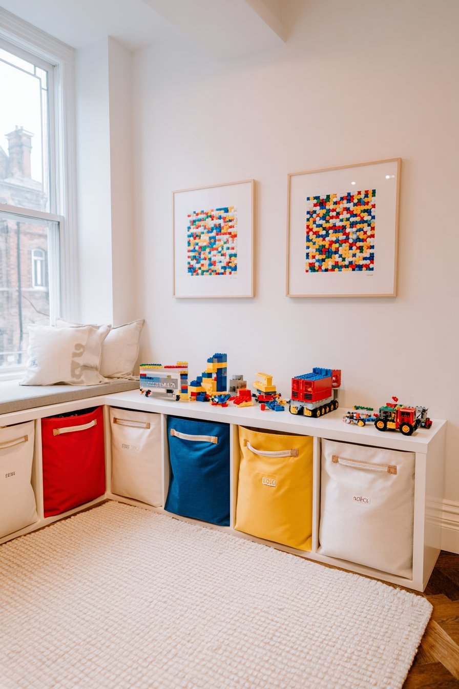 Low white shelf with primary-color canvas bins and picture labels, a rolled baseplate mat and framed Lego mosaics in a nursery