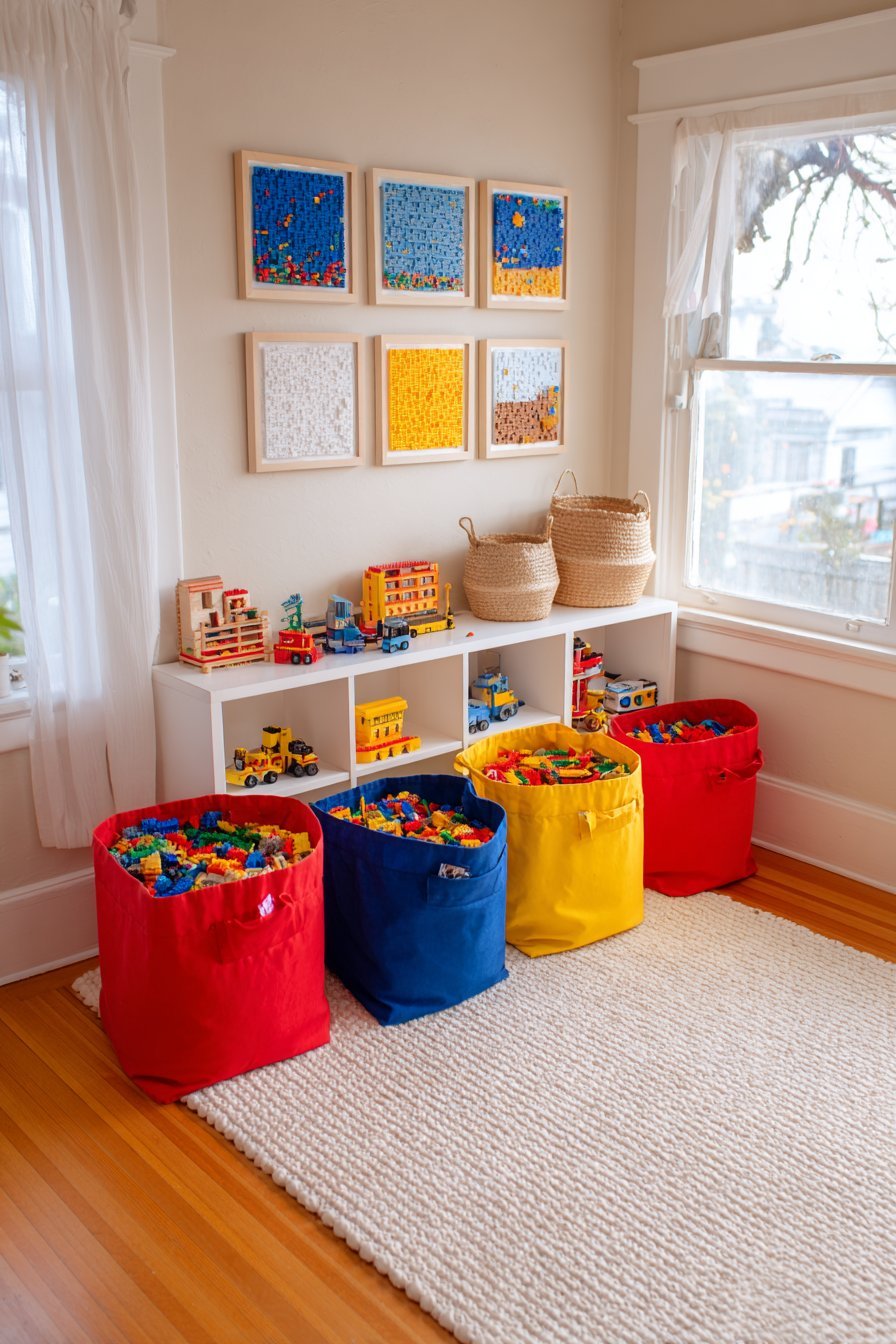 Low white shelf with primary-color canvas bins and picture labels, a rolled baseplate mat and framed Lego mosaics in a nursery