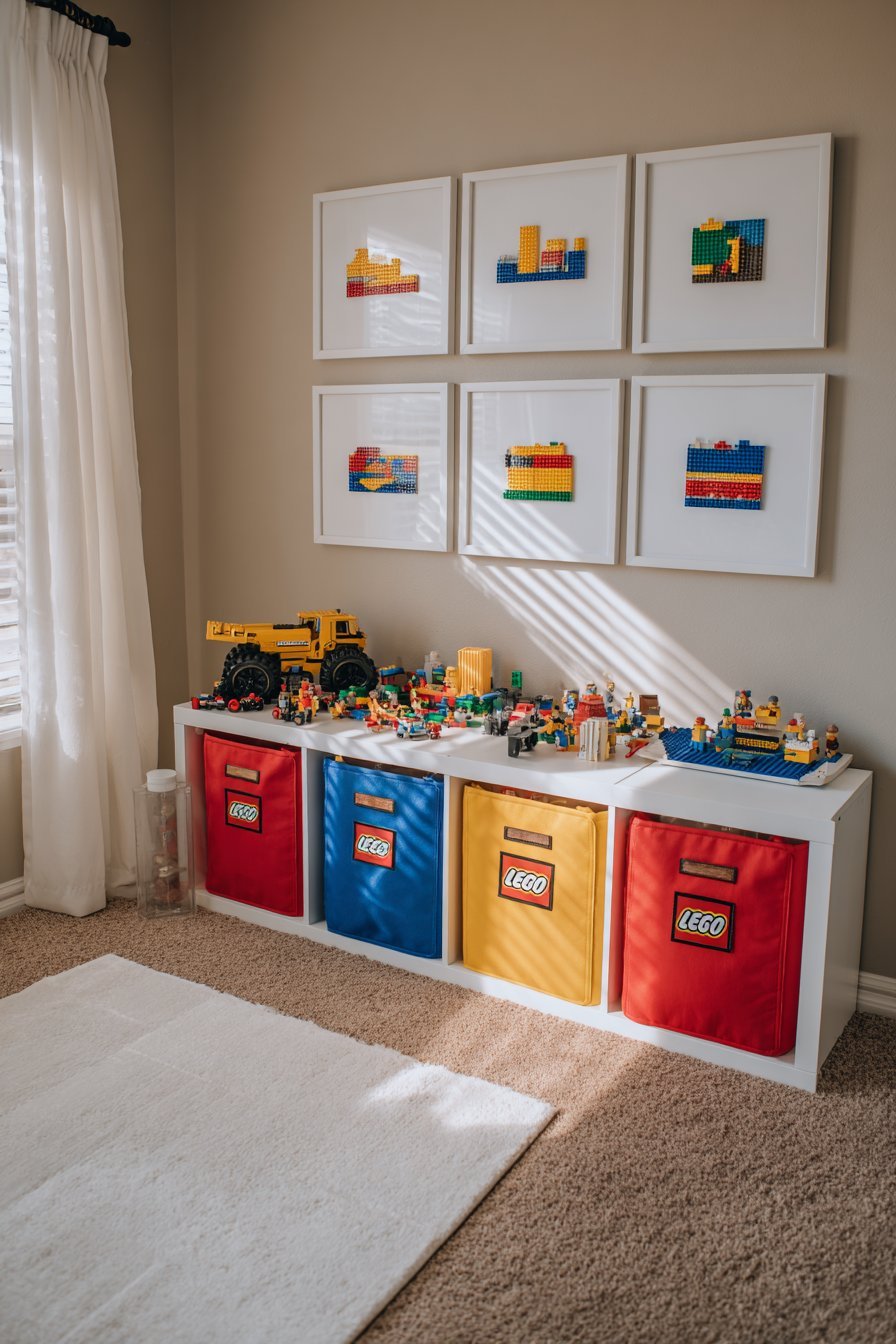 Low white shelf with primary-color canvas bins and picture labels, a rolled baseplate mat and framed Lego mosaics in a nursery