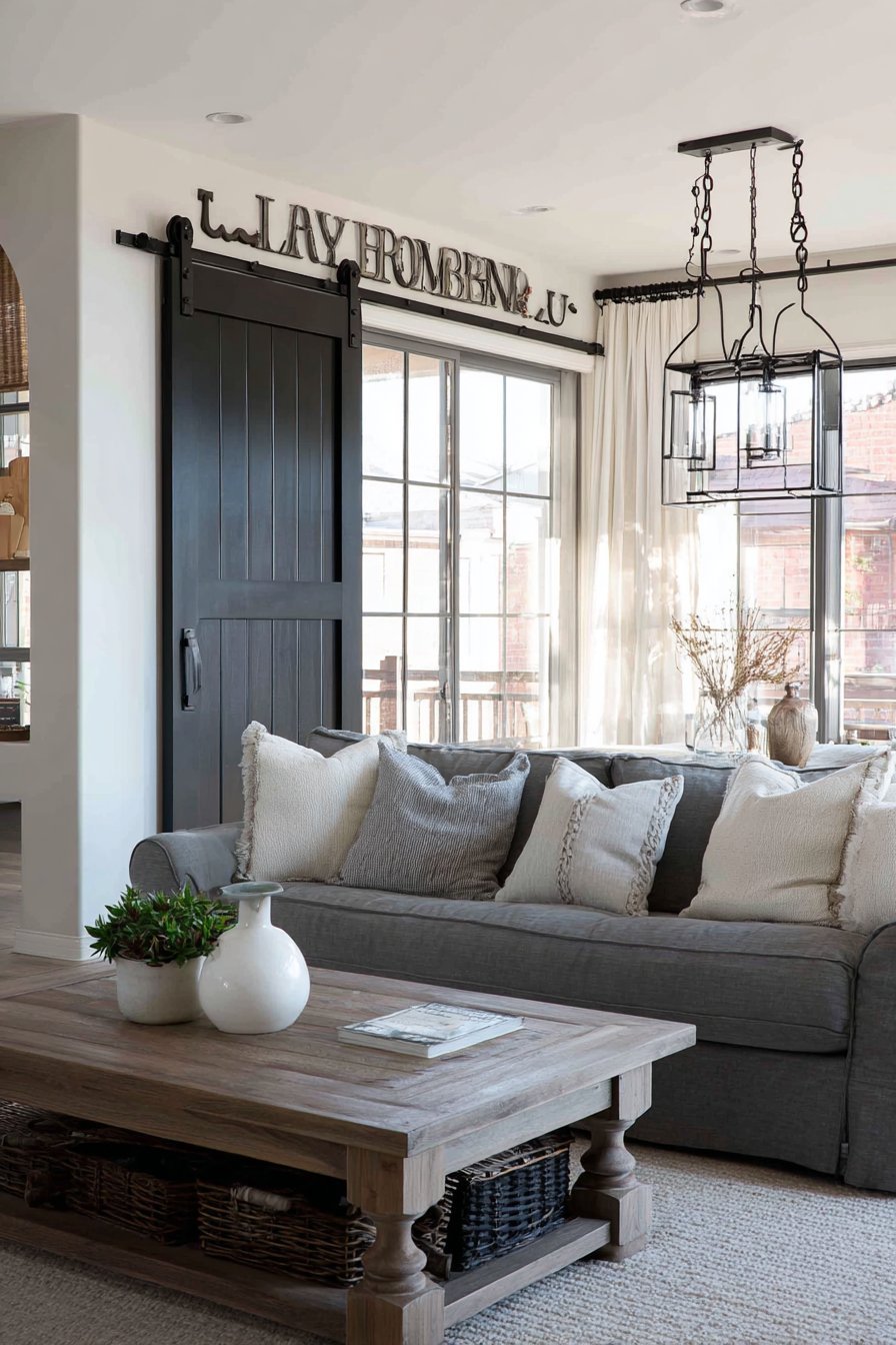 Modern farmhouse living room with black sliding barn door wall, vintage farm tools and white shiplap accent