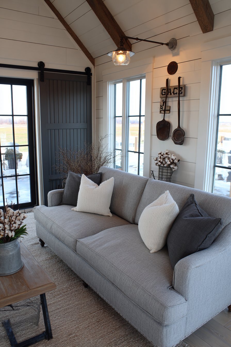 Modern farmhouse living room with black sliding barn door wall, vintage farm tools and white shiplap accent