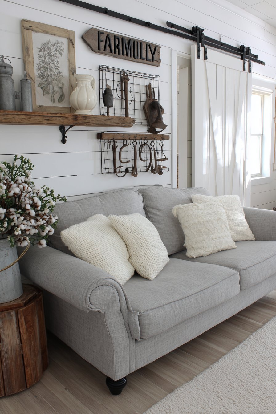 Modern farmhouse living room with black sliding barn door wall, vintage farm tools and white shiplap accent