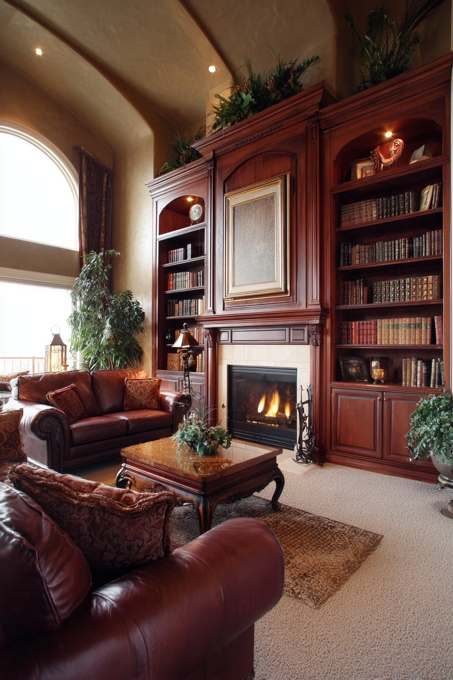 Cherry wood built-in bookcases with dentil molding and glass doors flanking a fireplace