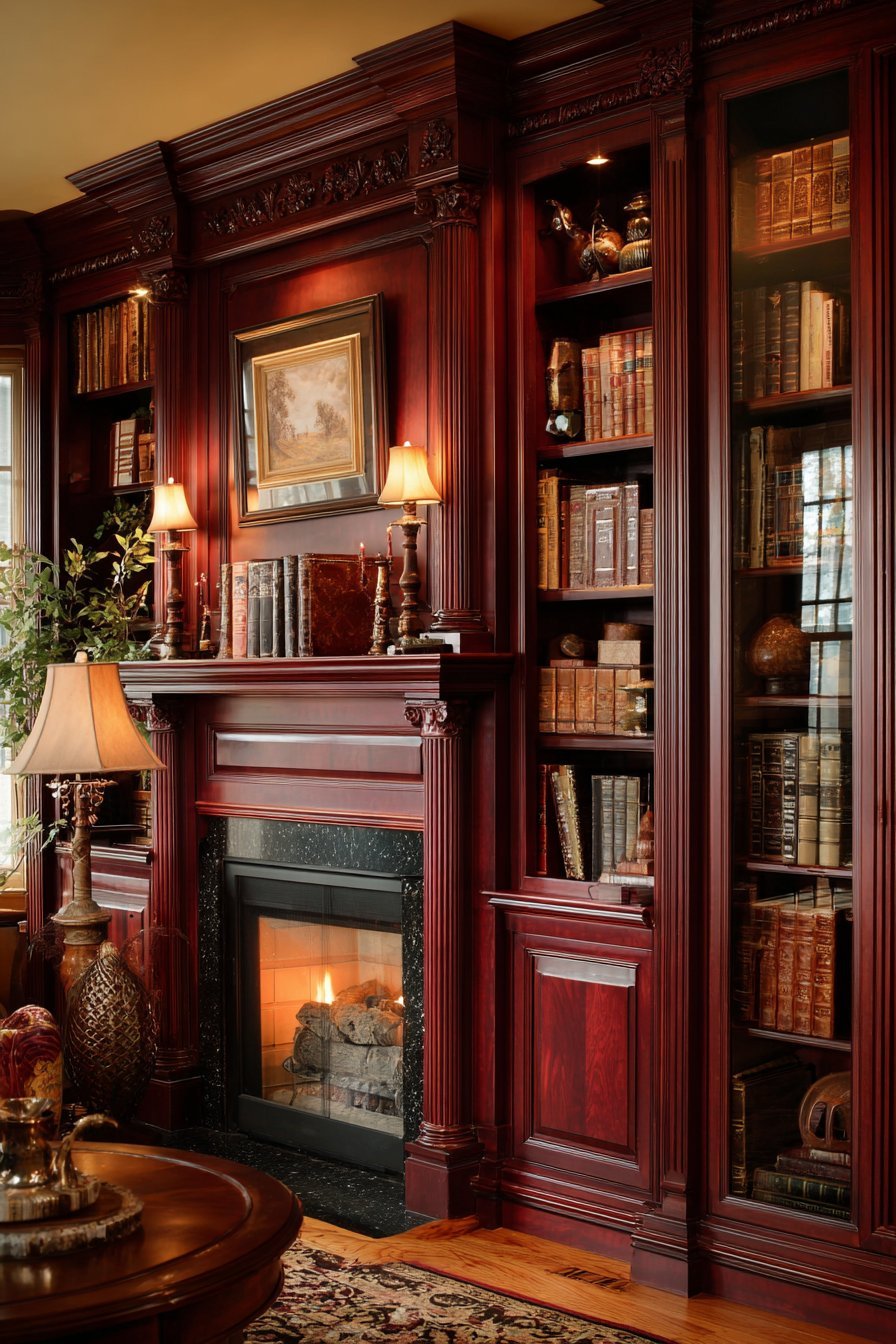 Cherry wood built-in bookcases with dentil molding and glass doors flanking a fireplace