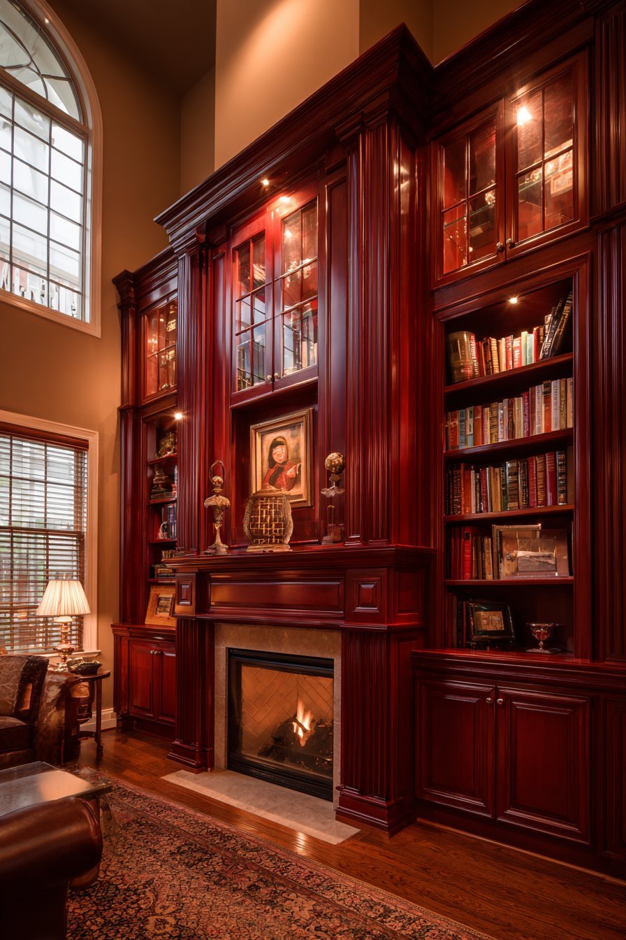 Cherry wood built-in bookcases with dentil molding and glass doors flanking a fireplace