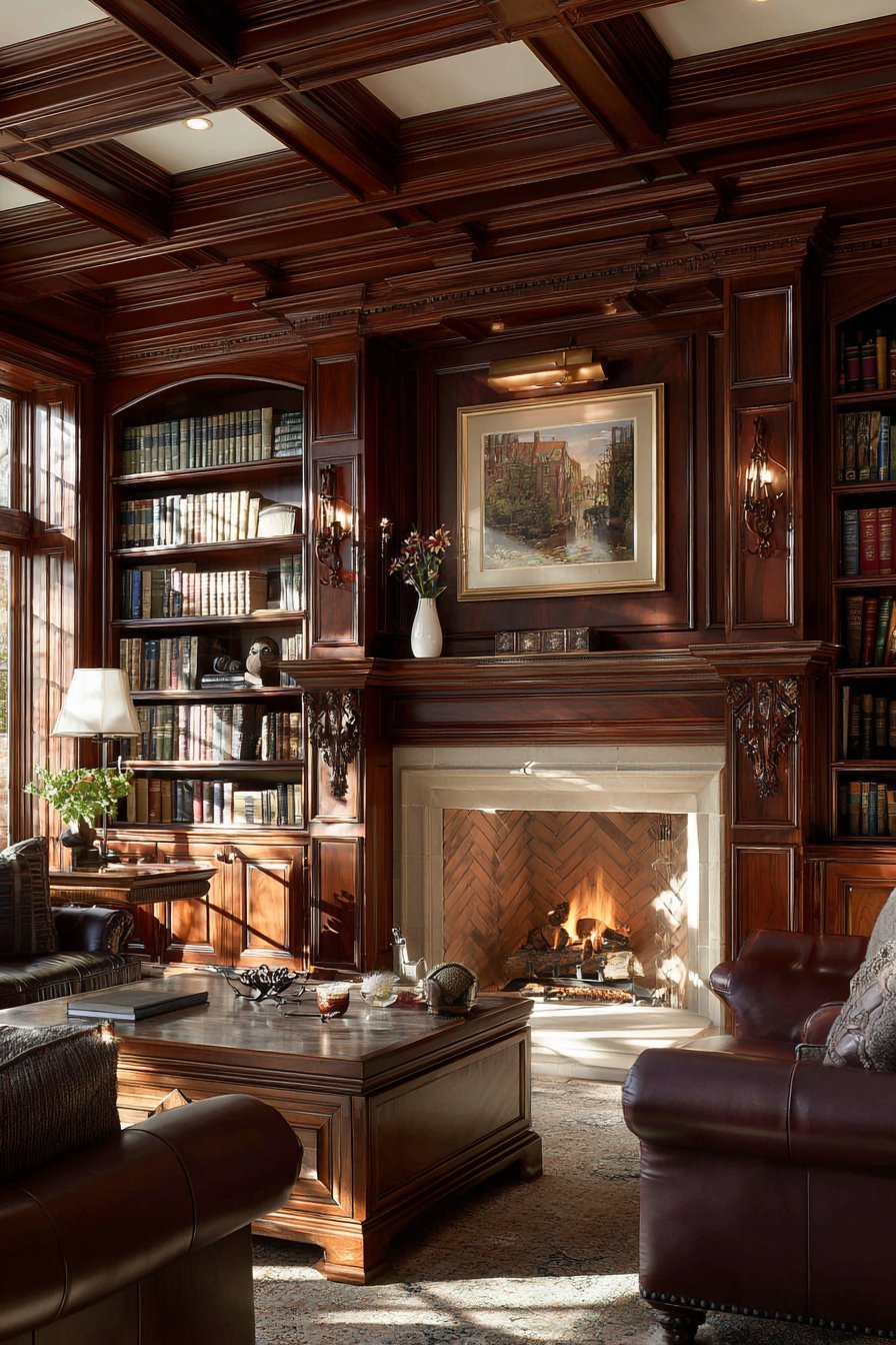 Cherry wood built-in bookcases with dentil molding and glass doors flanking a fireplace
