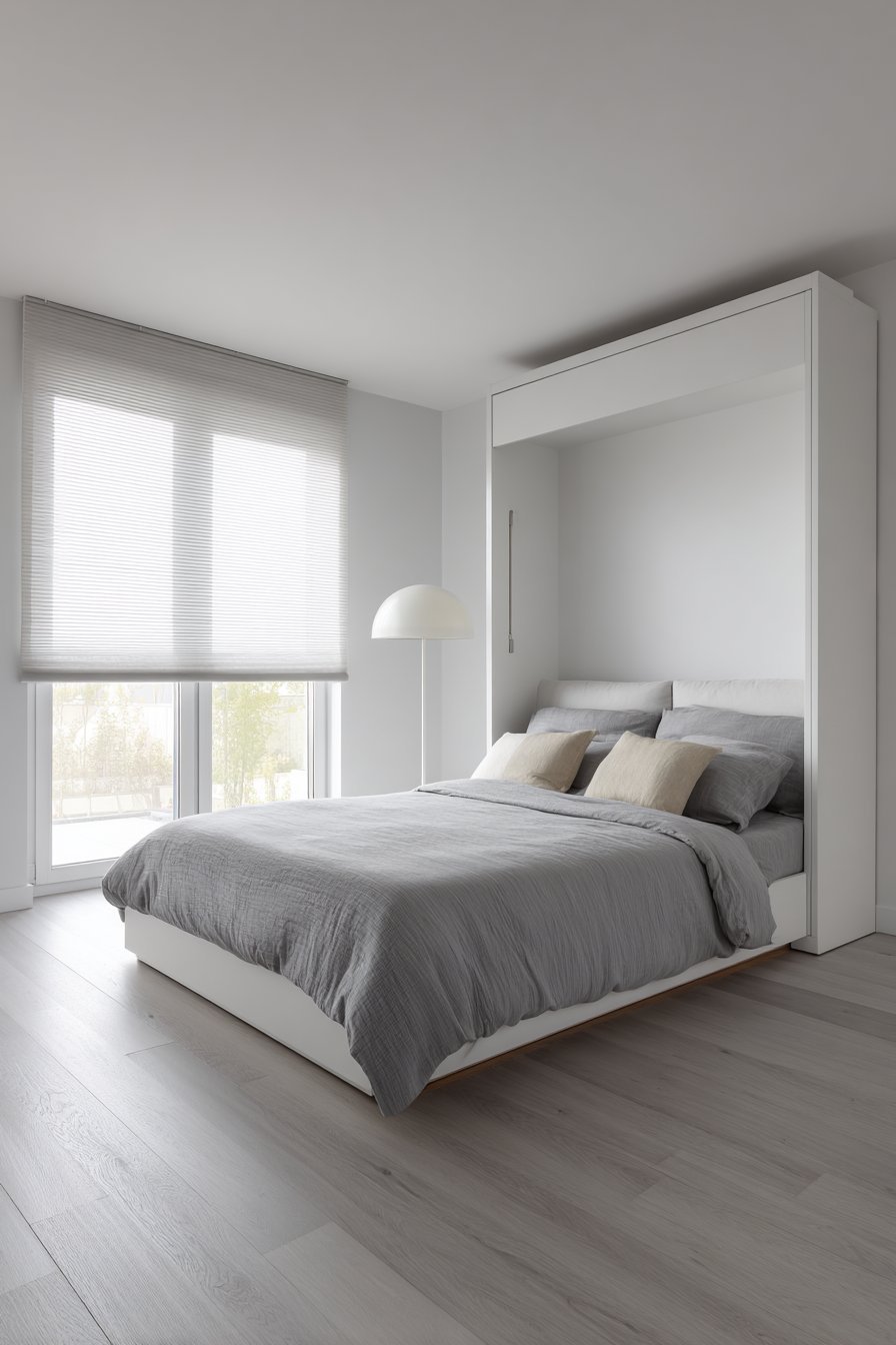 Deployed white lacquer Murphy bed with grey bedding, slim floor lamp and honeycomb shade on grey vinyl floor